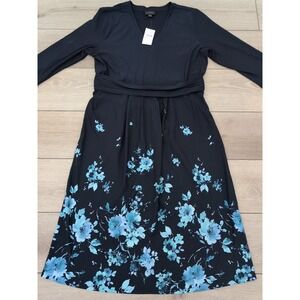 J.JILL Wearever Collection Navy Floral Dress Size M V-Neck Midi NWT